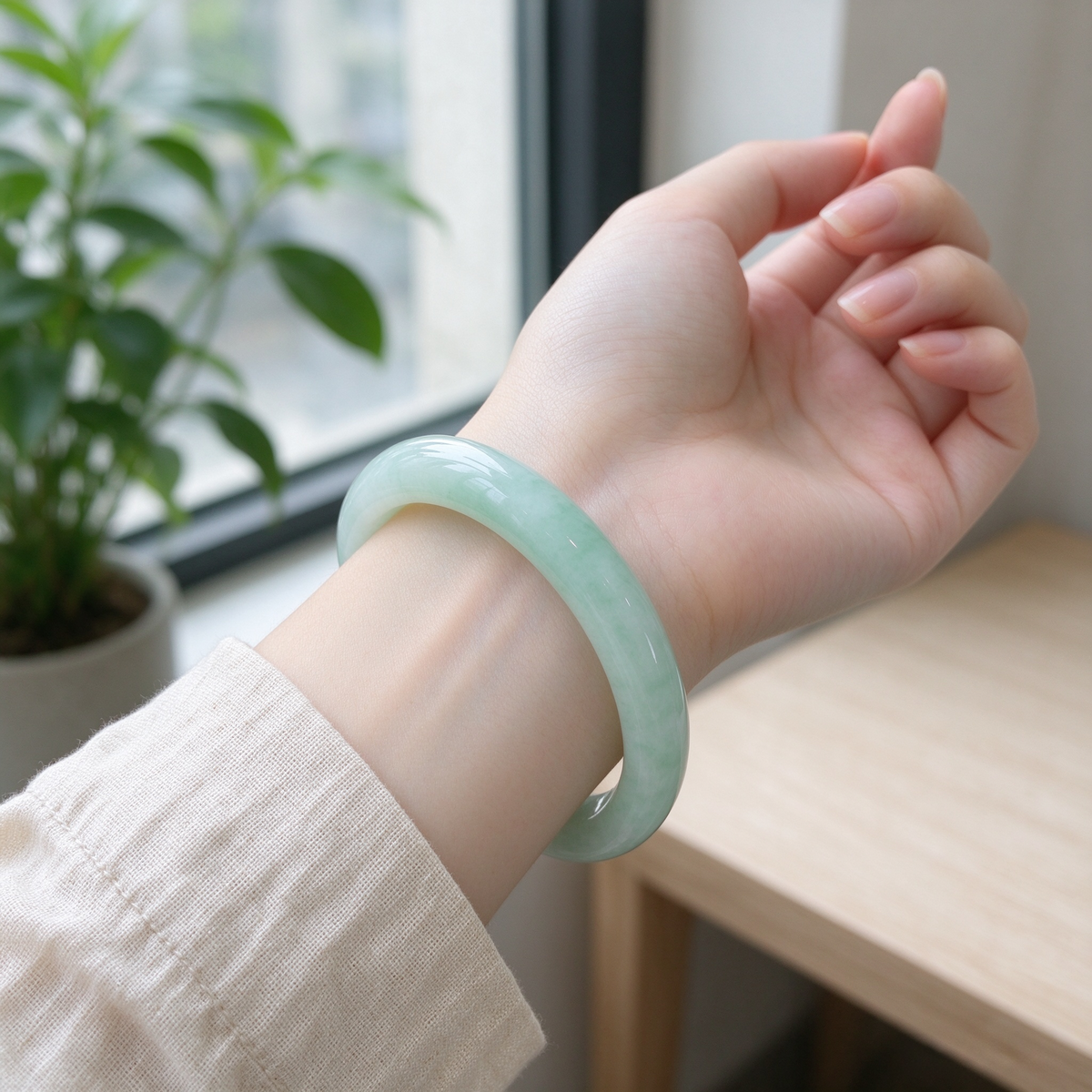 Soft Apple Green Jade Bangle, Slim Round Bar Jade Bracelet, Delicate Oriental Women Gem Jewelry