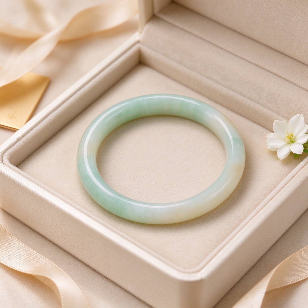 Pale Green with Yellow Hue Jade Bangle, Round Bar Jade Bracelet, Oriental Gemstone Jewelry for Women