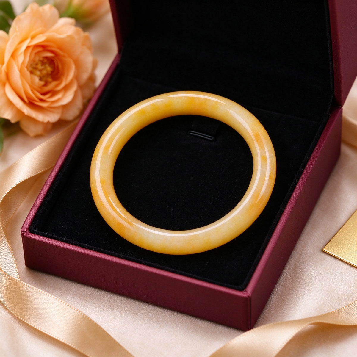 Natural Yellow & Red Gradient Jade Bangle, Wide Band Jade Bracelet for Women, Elegant Gemstone Jewelry Gift
