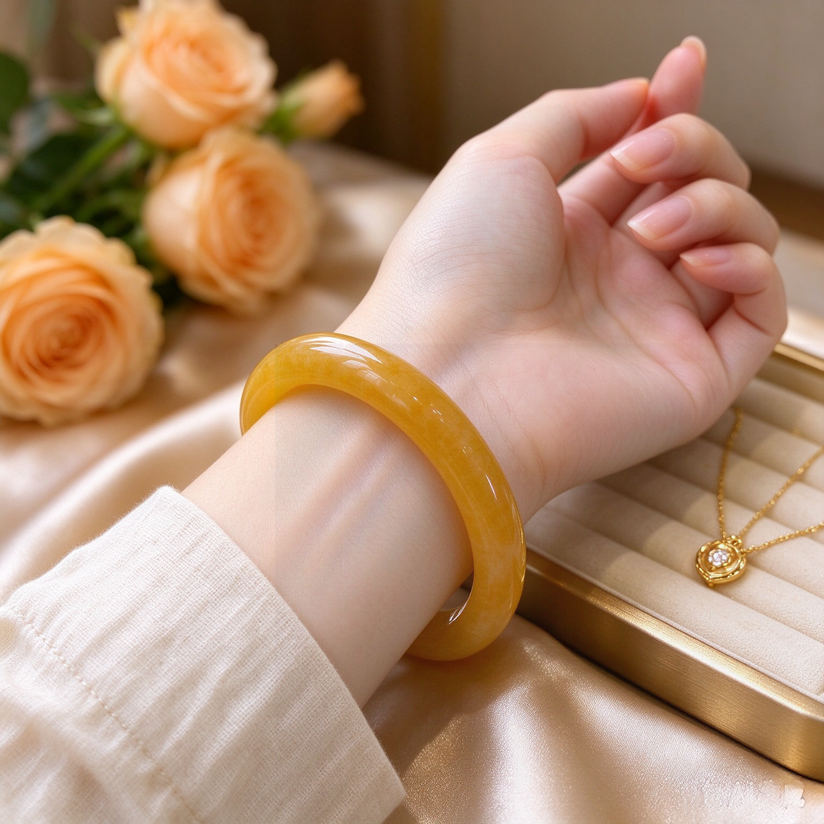 Natural Yellow & Red Gradient Jade Bangle, Wide Band Jade Bracelet for Women, Elegant Gemstone Jewelry Gift