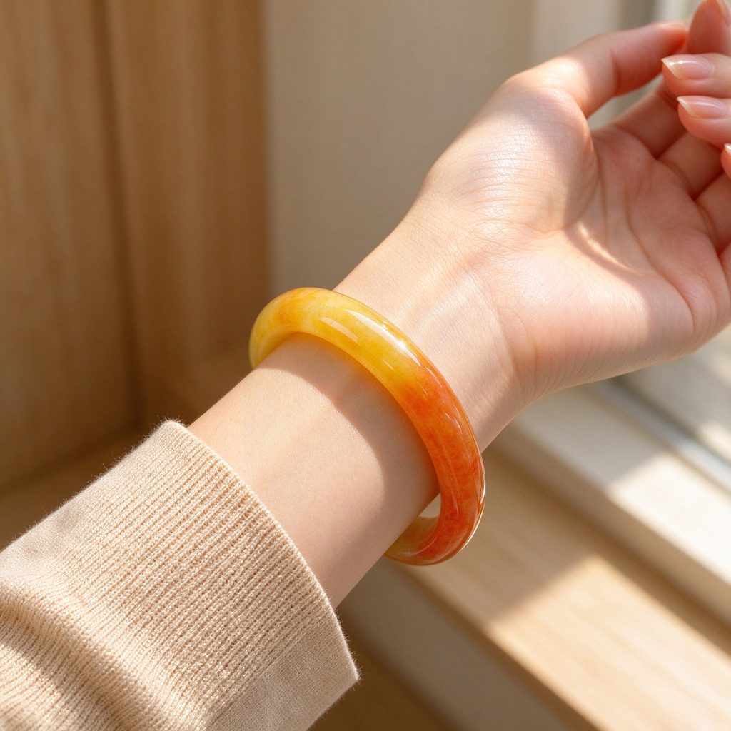 Natural Yellow & Red Gradient Jade Bangle, Wide Band Jade Bracelet for Women, Elegant Gemstone Jewelry Gift