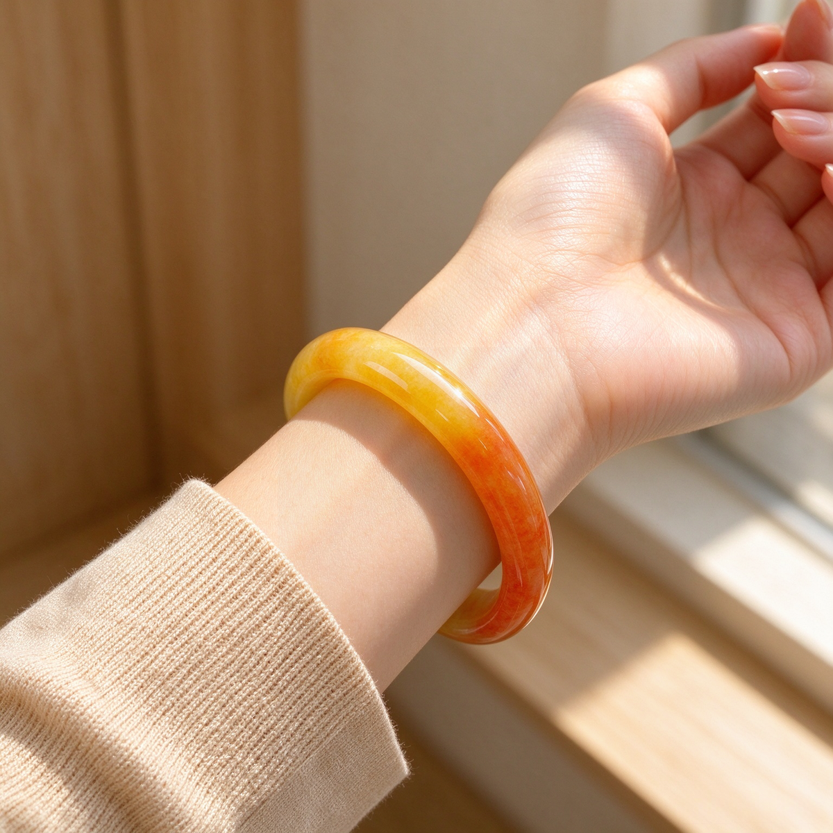 Natural Yellow & Red Gradient Jade Bangle, Wide Band Jade Bracelet for Women, Elegant Gemstone Jewelry Gift